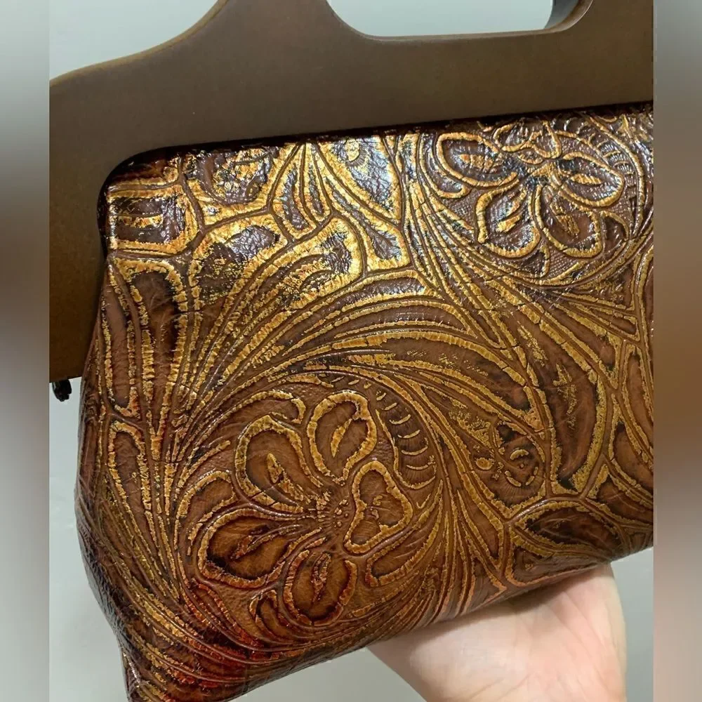 Vintage Style Handmade Genuine Embossed Leather Wooden Frame Bag/Crossbody